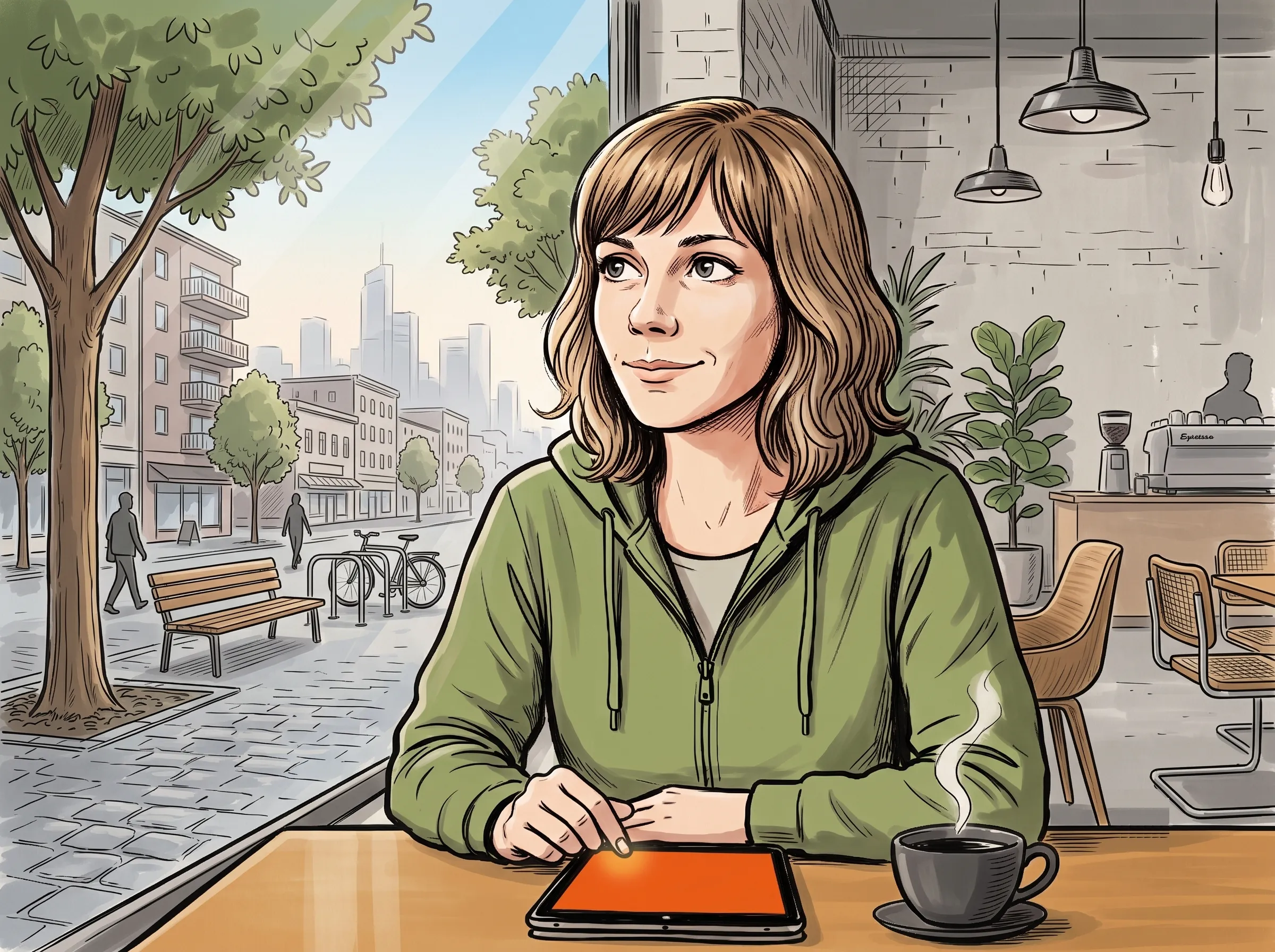 Lina, 32, in a sage-green hoodie at a café window, tablet on the wooden table — the first timer of the day.
