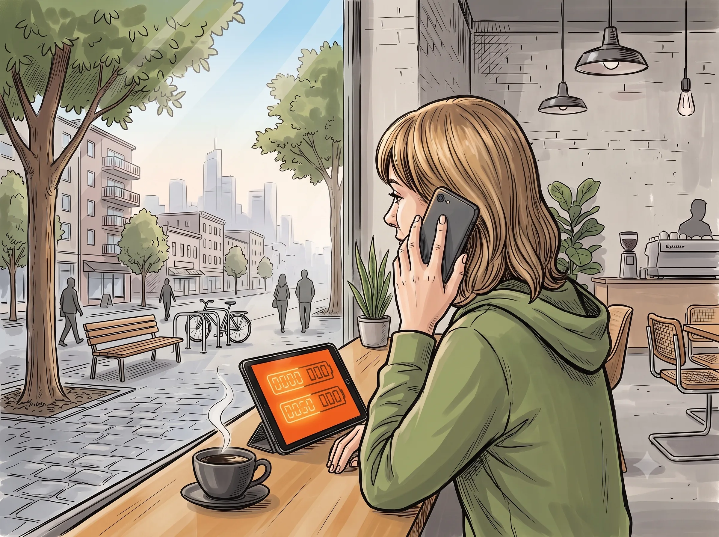 Lina holds her phone to her ear while starting a second timer on the tablet beside her.