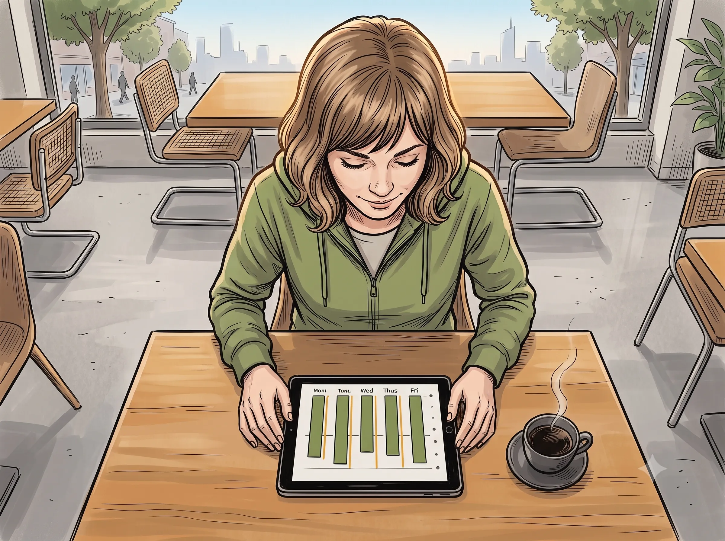 Lina leaning back, looking at her tablet showing the workload view — the week as clean bars.
