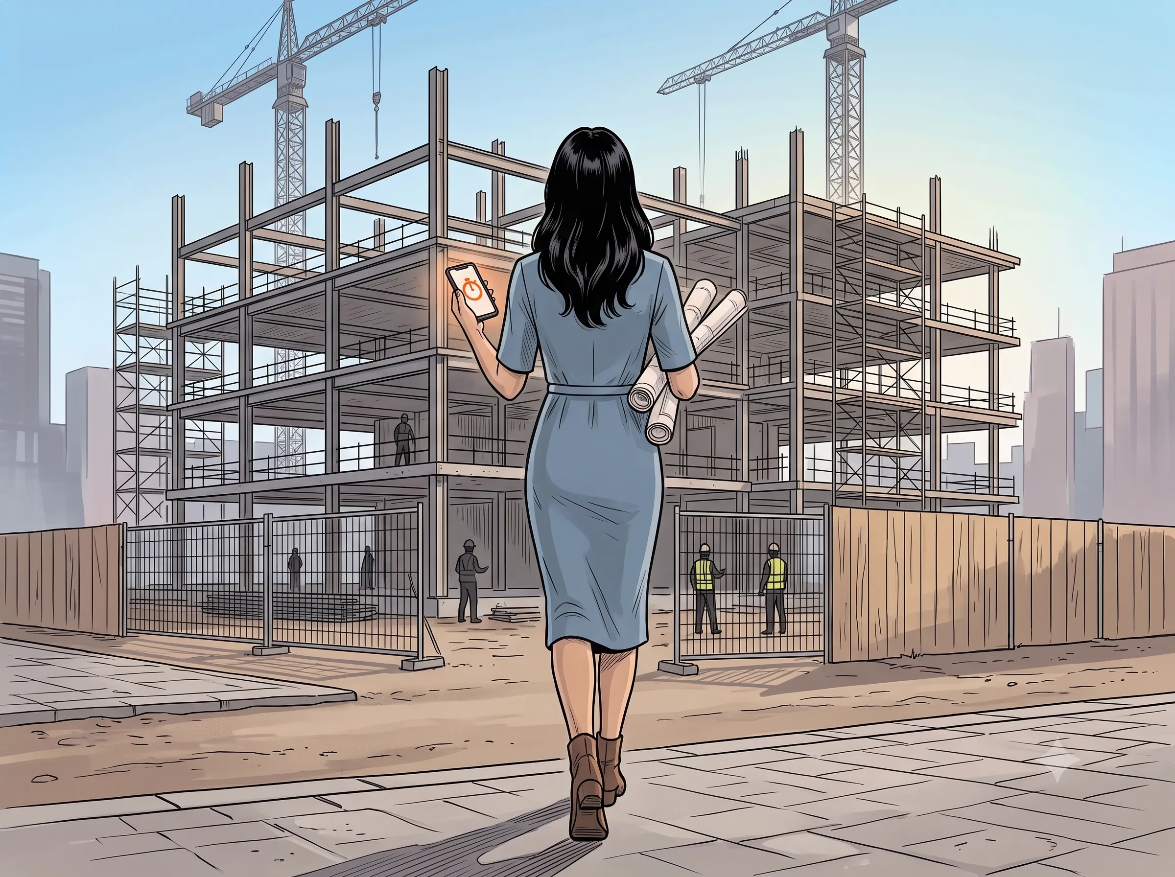 Nadja Blanc in a blue midi dress on the construction site, smartphone in hand — the quick-start timer is running.