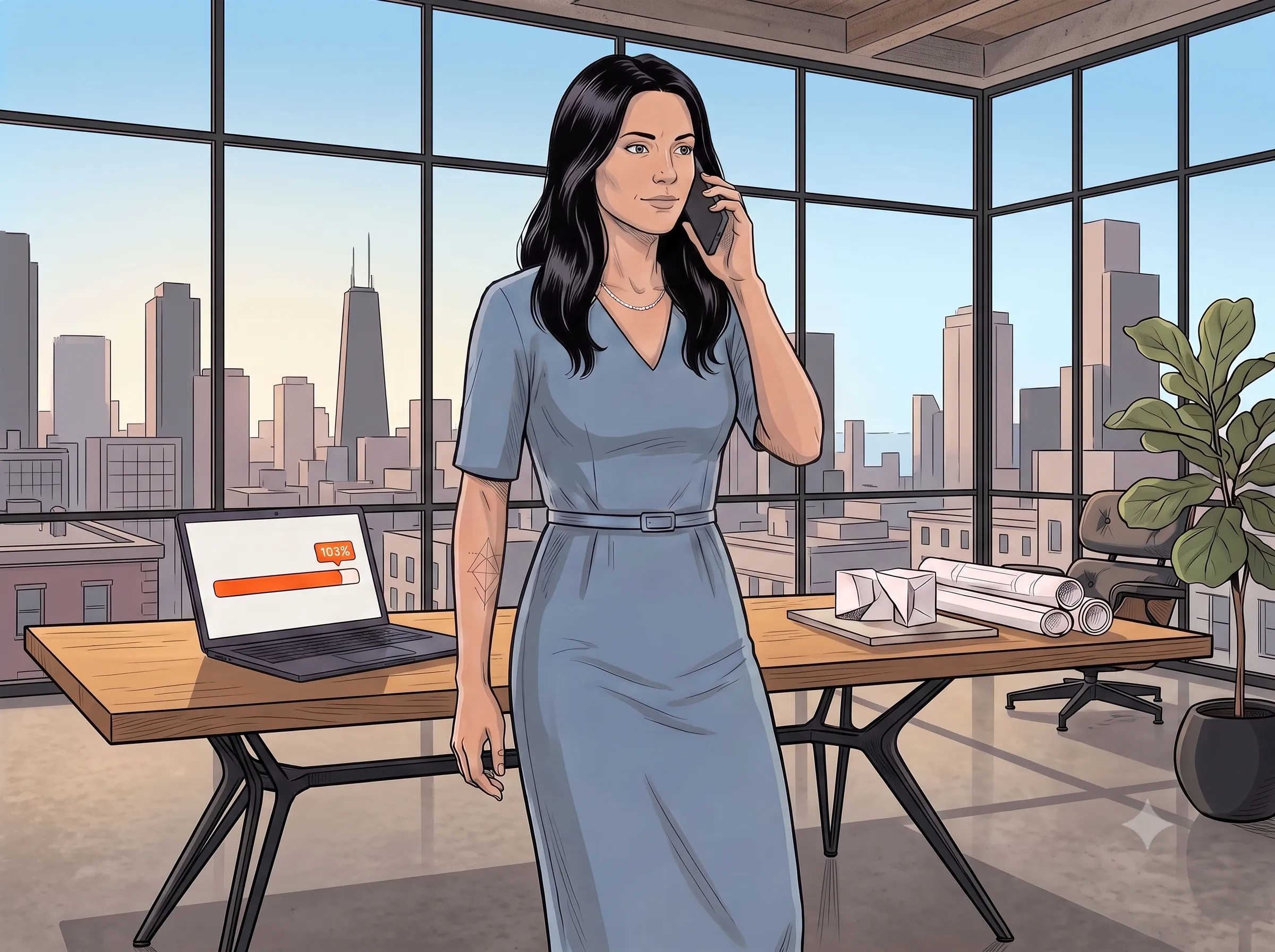 Nadja at the drafting table with the panoramic loft window behind her — the purchase-order assignment on screen.