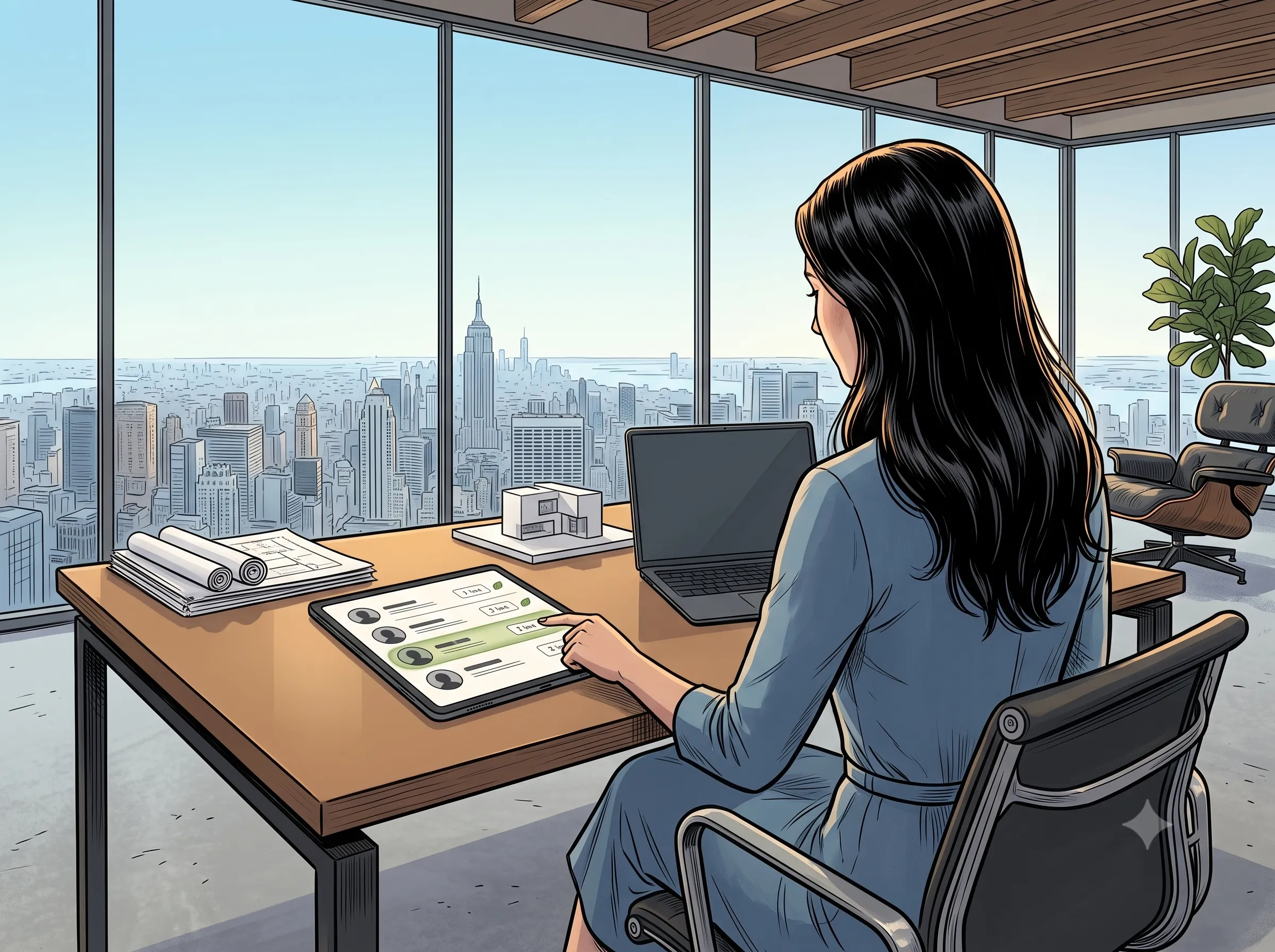 Nadja in the meeting room with her team around her — the tablet showing a team booking for four names.