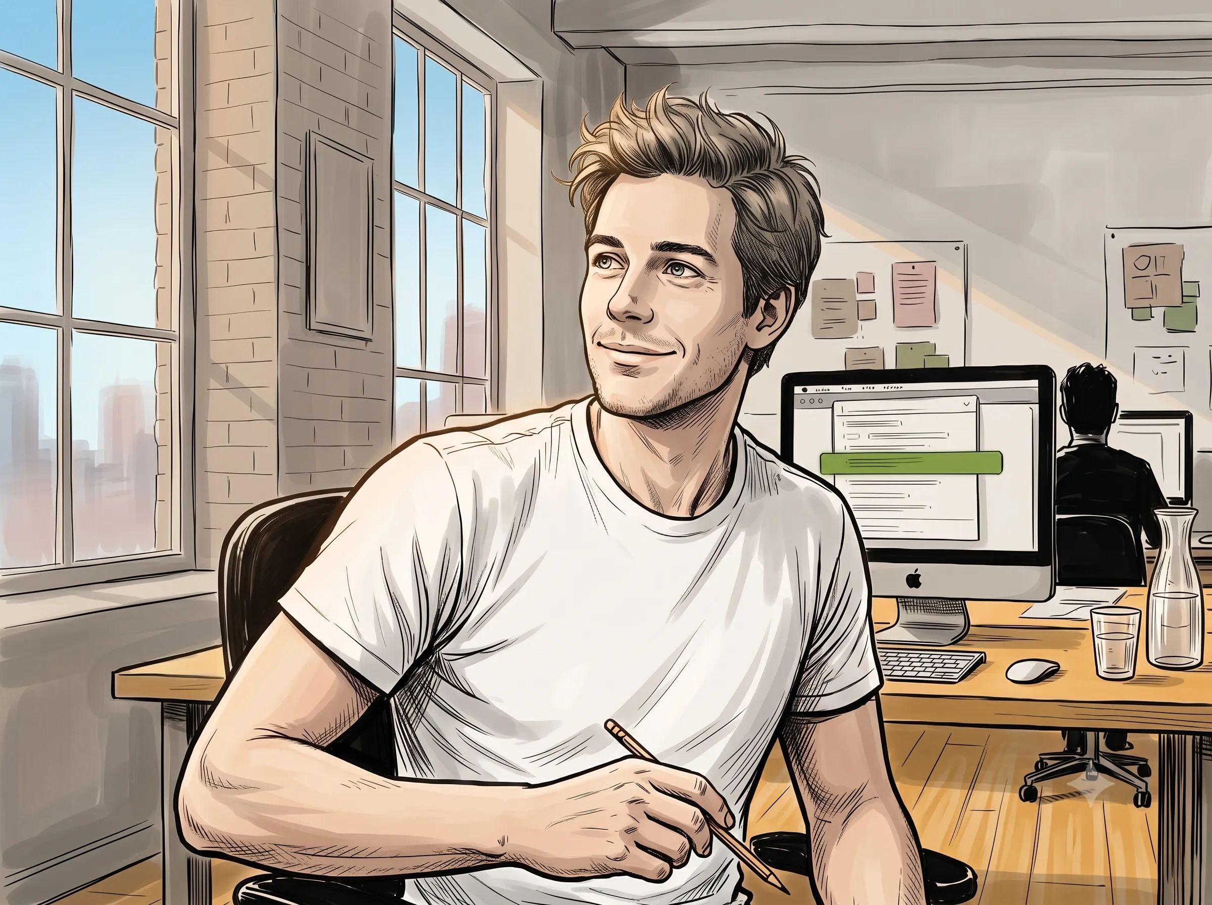Team Nord's art director in his loft studio leans back in his chair, a text template glowing on the Mac behind him.