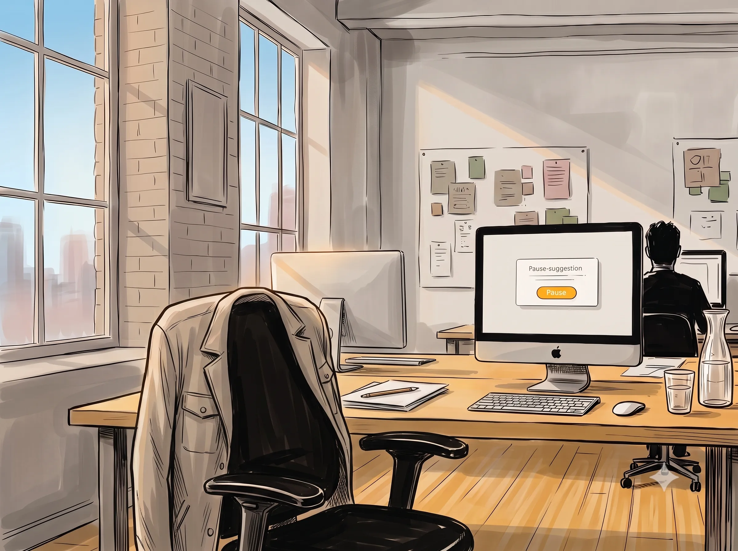 The empty chair at lunchtime with a jacket over its back — the Mac screen softly signals a pause suggestion.