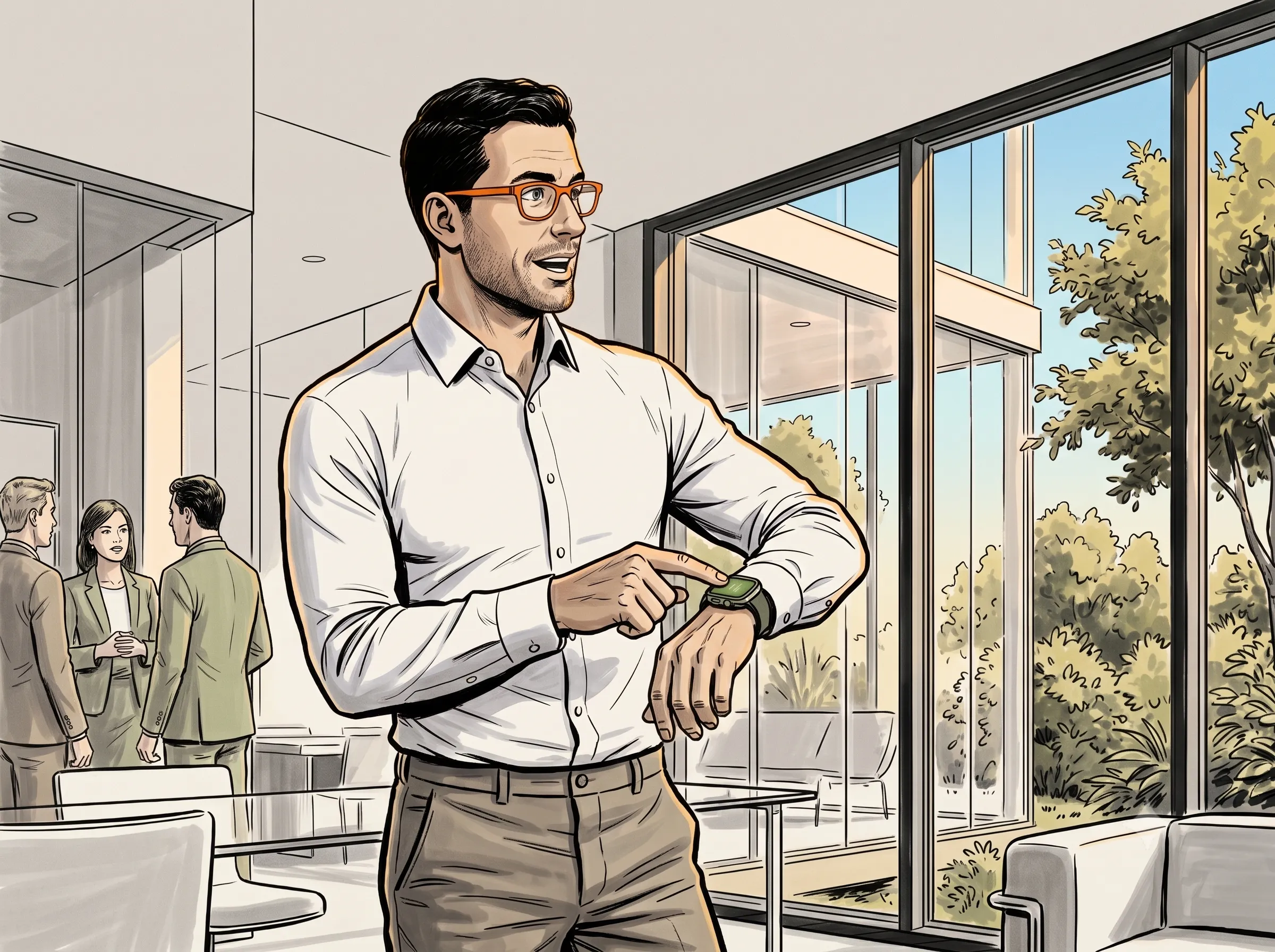 Dr. Behrens with blaze-orange glasses stands in his glass-walled office mid-sentence, tapping his Apple Watch with his index finger.