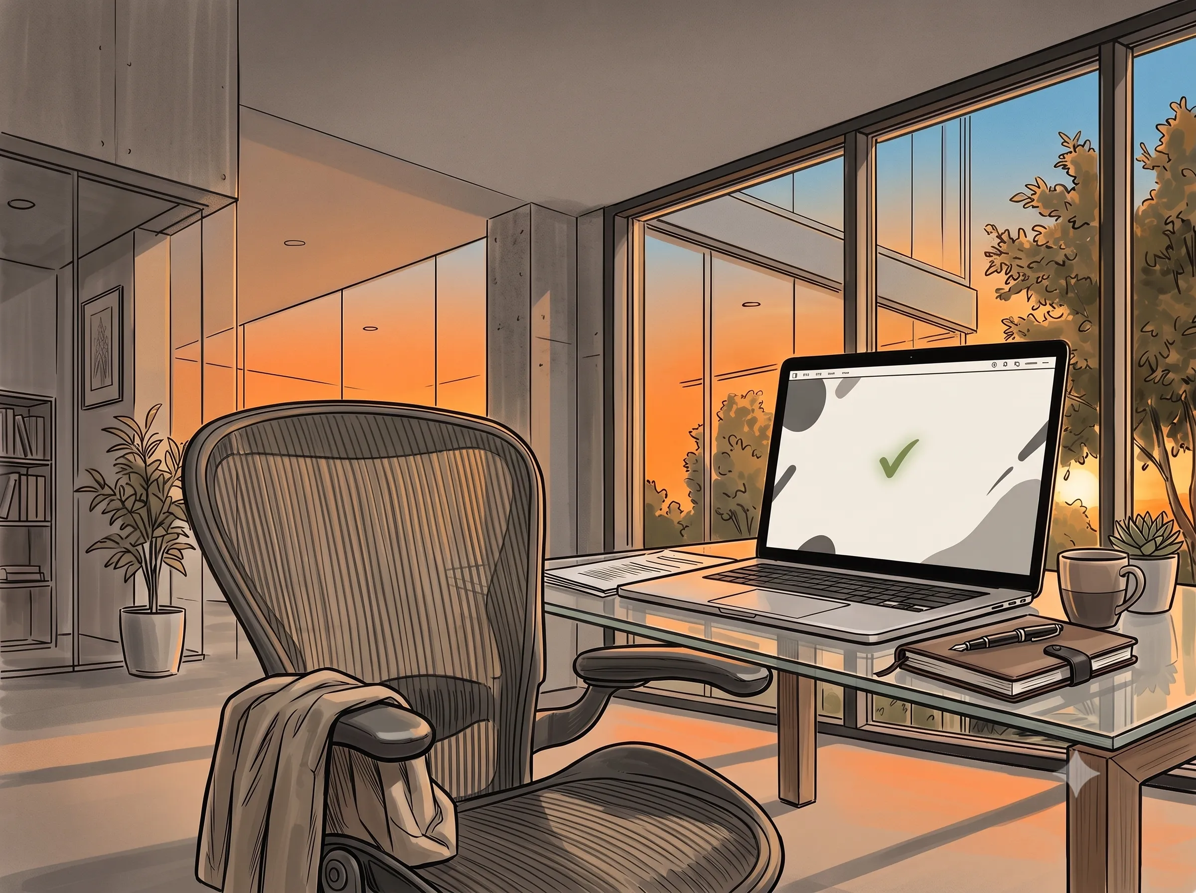 Still life after hours: Dr. Behrens's quiet office at dusk, the blaze-orange glasses on the desk, the evening sky through the glass wall.